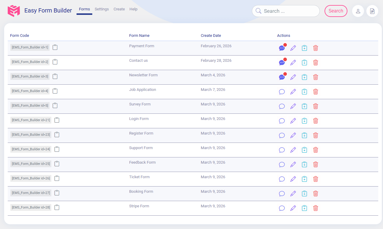 Panel of Easy Form Builder