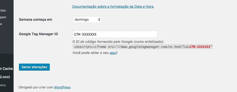 <code>Geral</code> e configure a ID da sua conta do Gerenciador de Tags do Google.