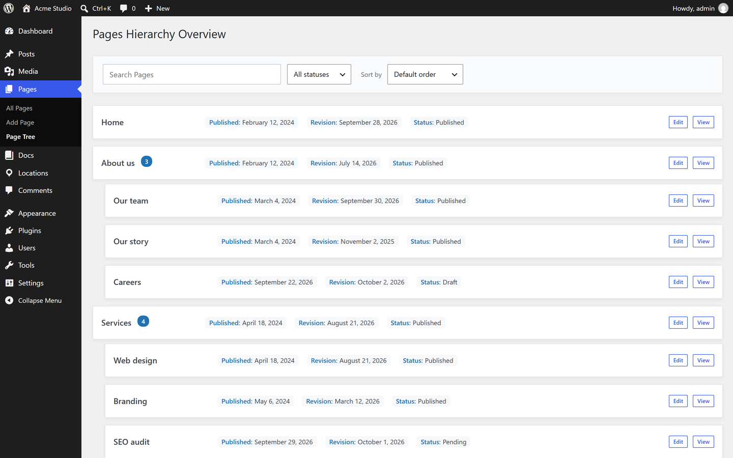 Page Tree: the whole hierarchy with status, dates and quick Edit / View links