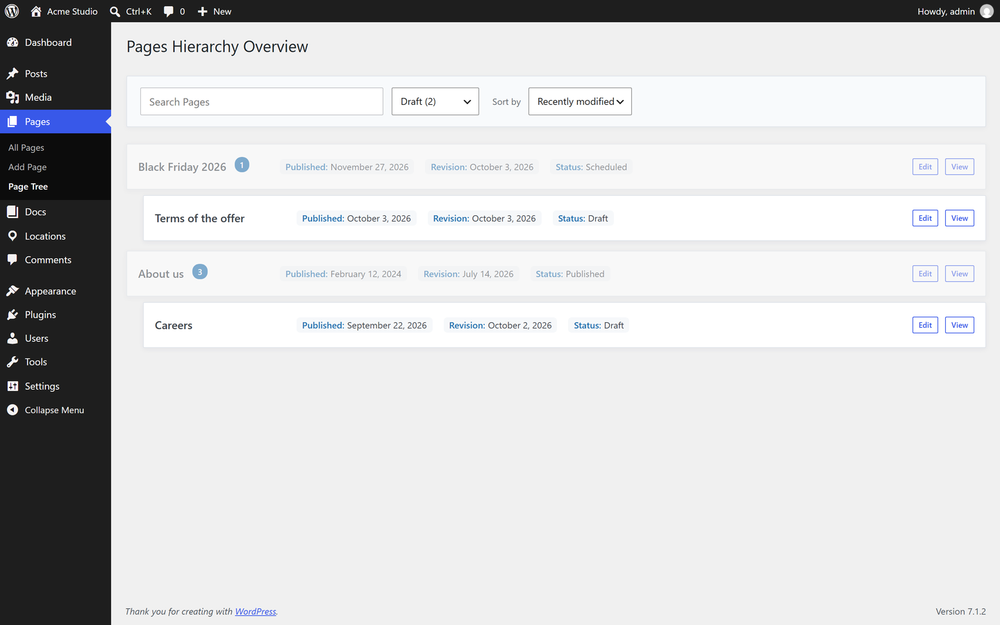 Status filter and sorting in the tree, with parents kept visible for context