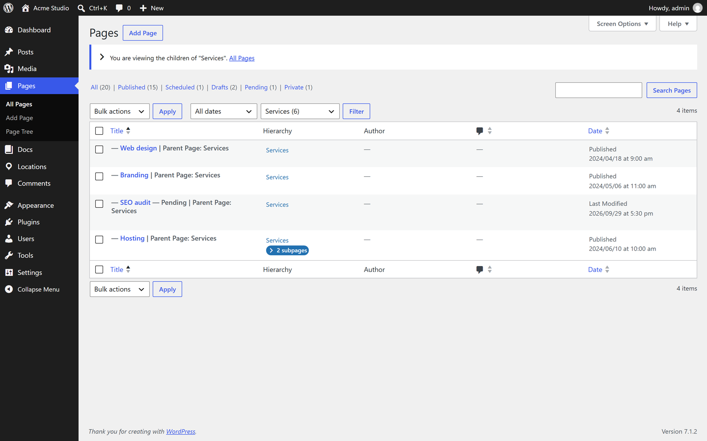 Hierarchy column and parent filter in the Pages list