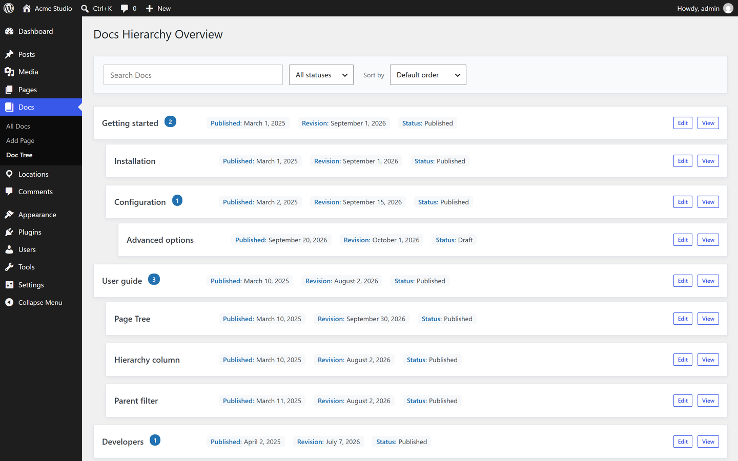 Tree view for a custom post type (Docs)