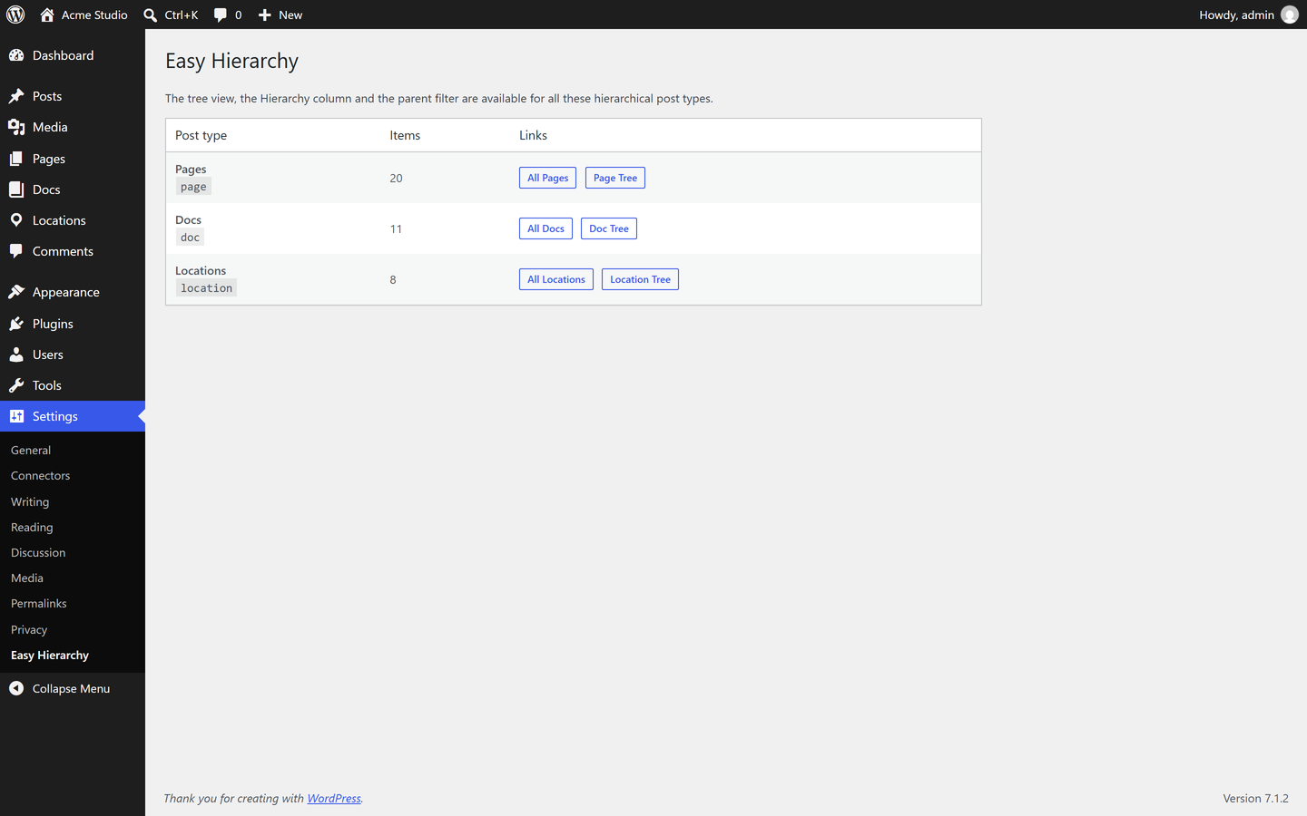Settings > Easy Hierarchy with all hierarchical post types