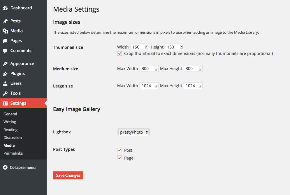 The plugin's simple configuration screen. Any existing custom post types will appear here
