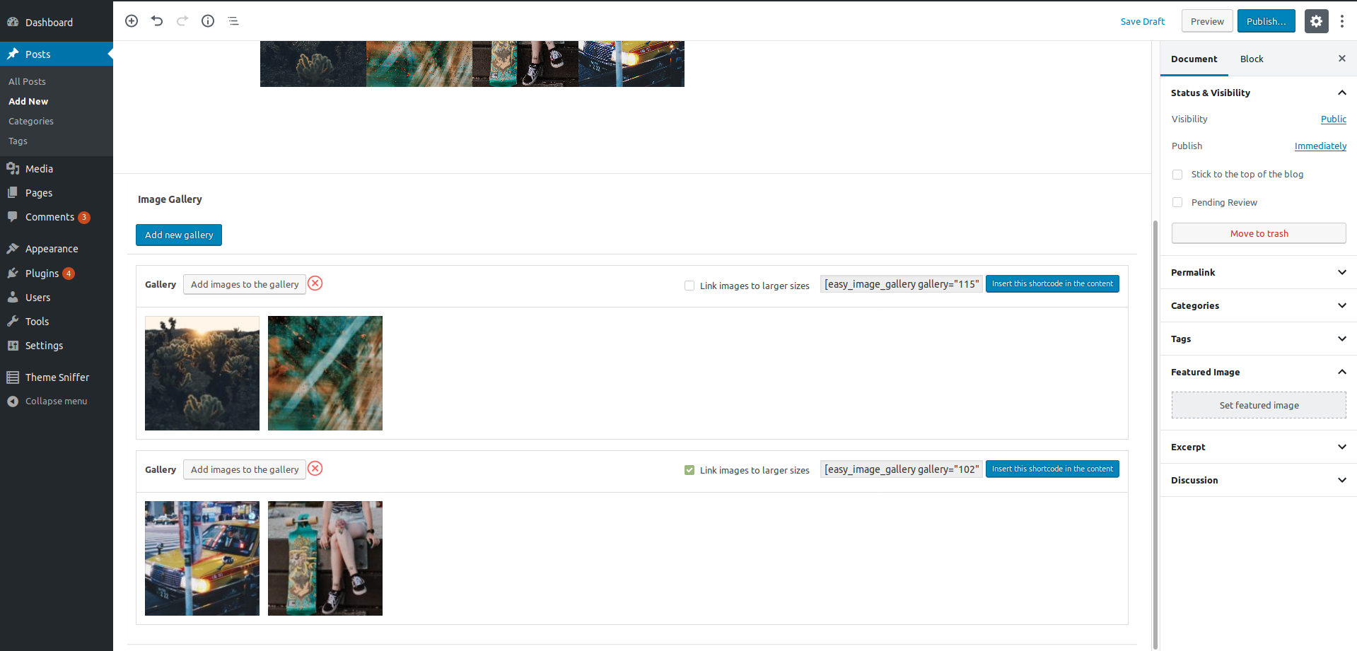 The plugin's Image Gallery metabox after images have been inserted and the post has been saved