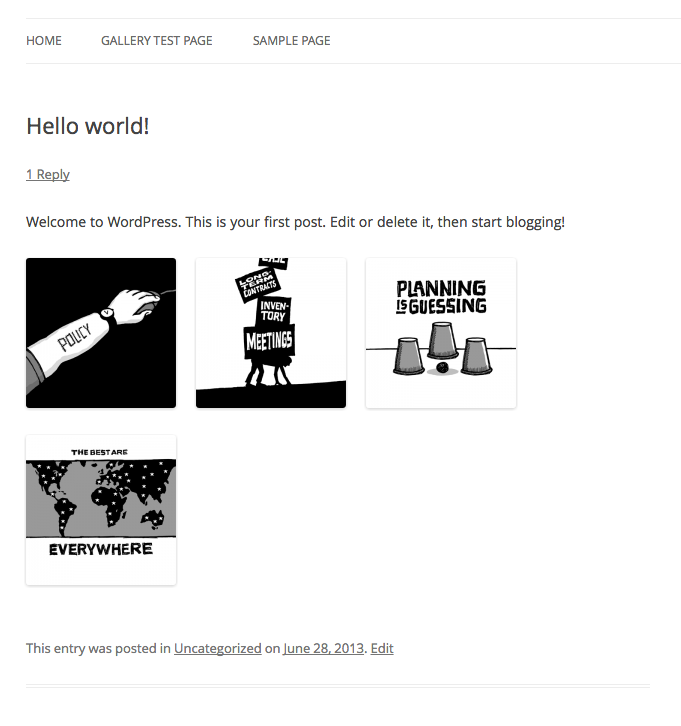 The front-end of the website showing the gallery which has been automatically appended to the content