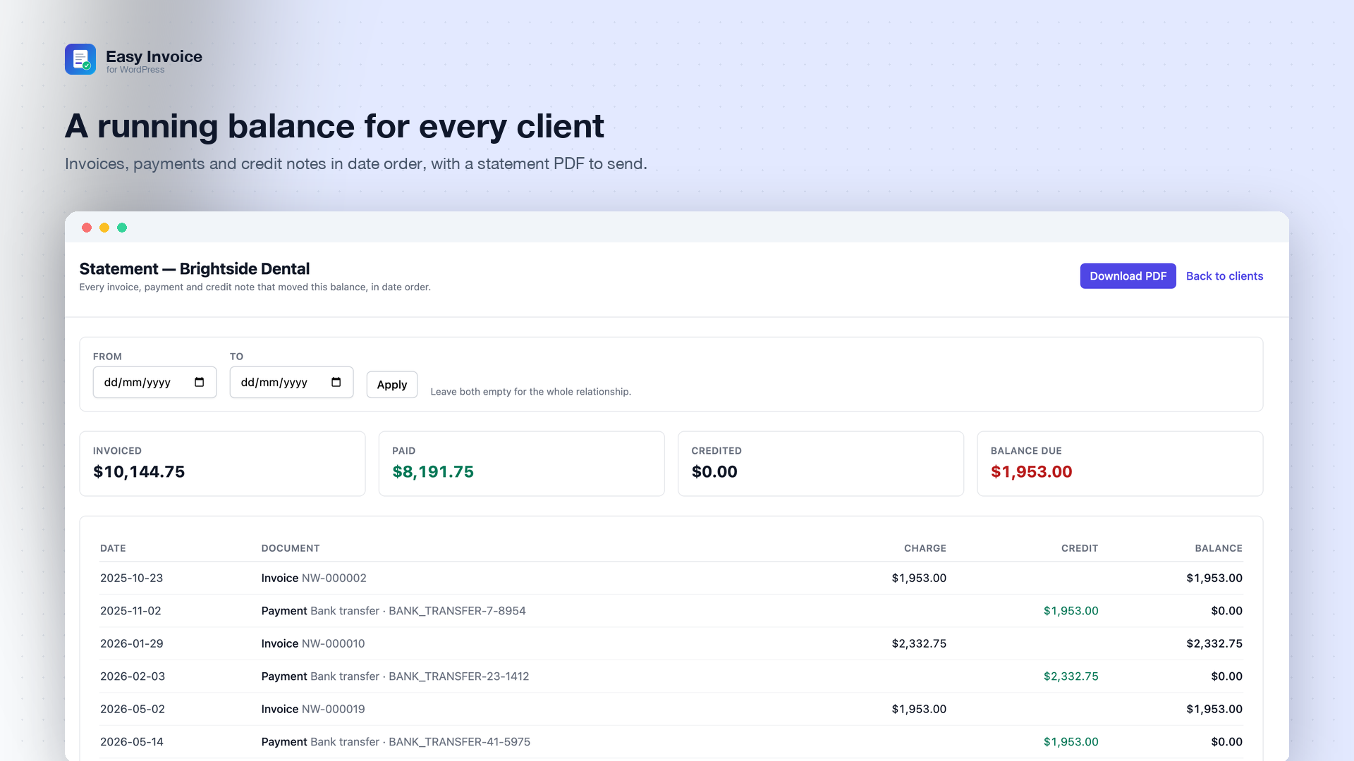 Client statement — every invoice, payment and credit note in date order with a running balance, exportable as PDF