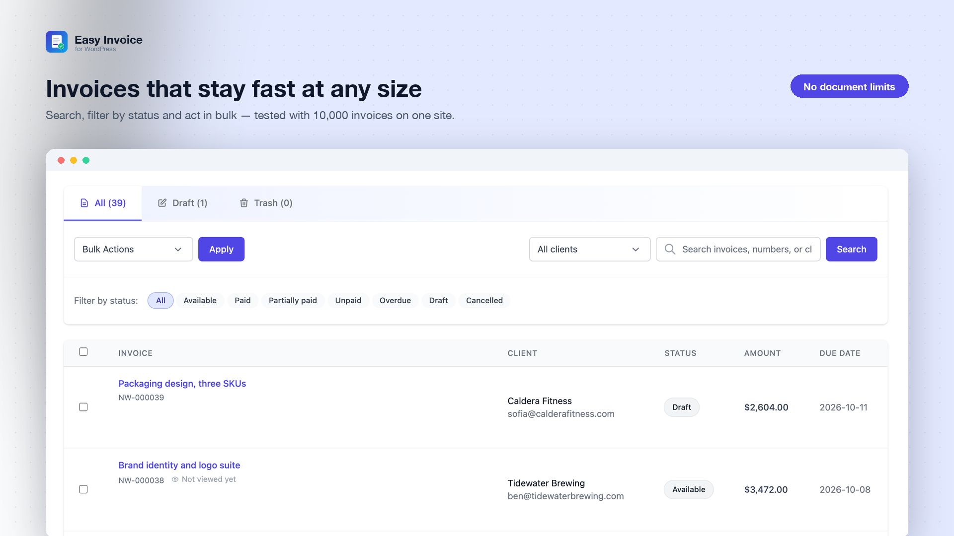 Invoices — filters by status, search, bulk actions and pagination that stays fast with thousands of documents