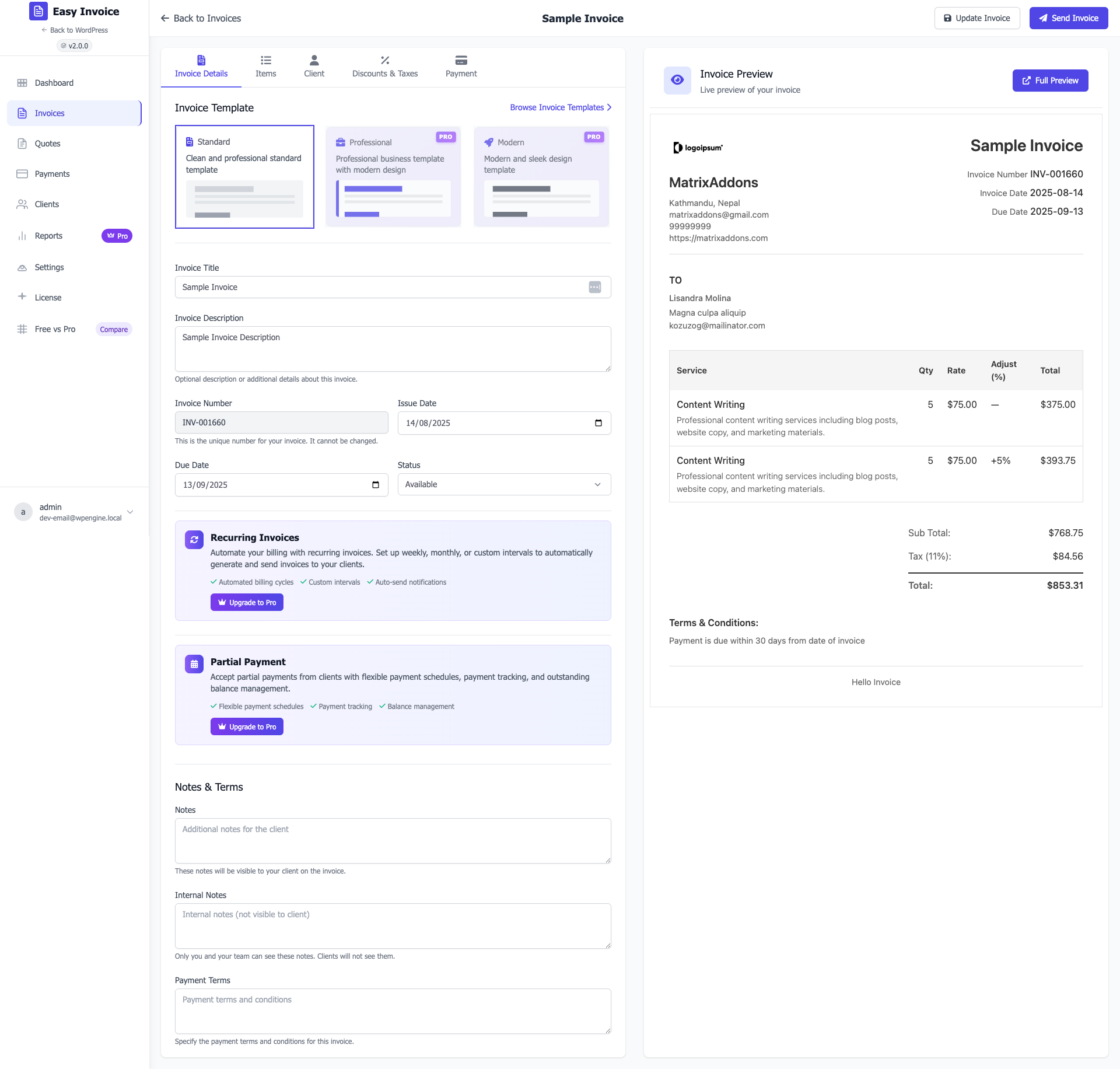 Invoice Edit page - Backend