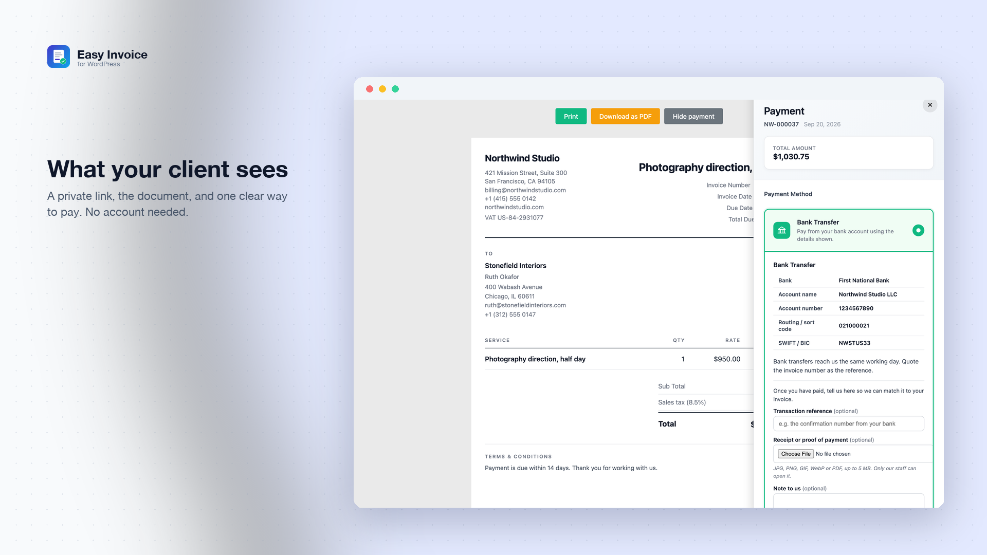 Public invoice page — what the client sees from the emailed link, with the payment panel open on bank transfer
