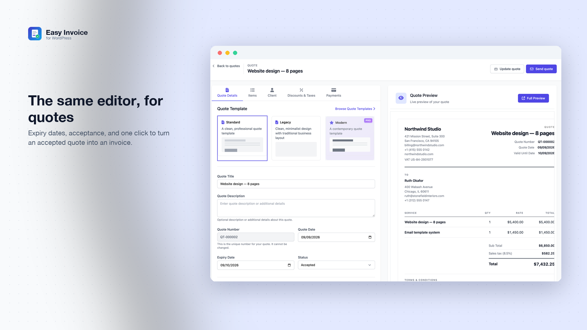 Quote builder — the same editor, with expiry date and acceptance flow