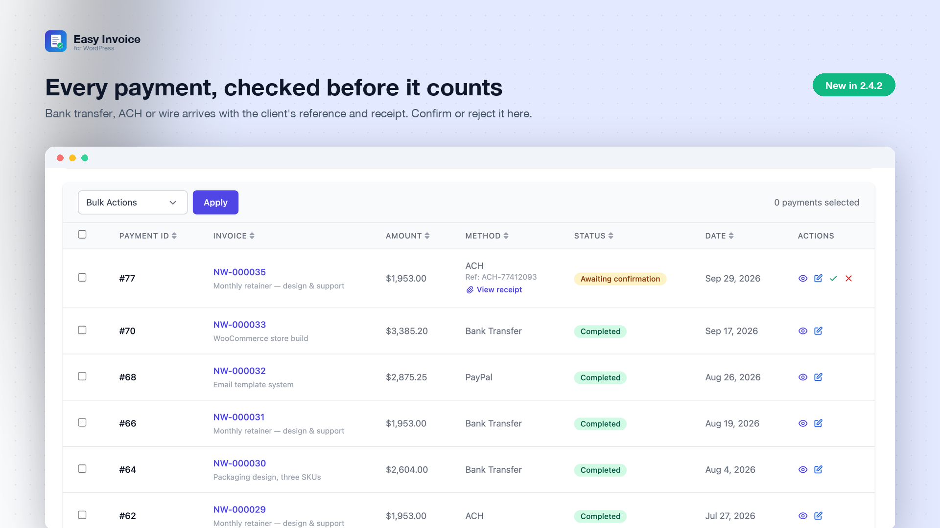 Payments — every payment with its method and status; an offline payment arrives with the client's reference and receipt for you to confirm or reject