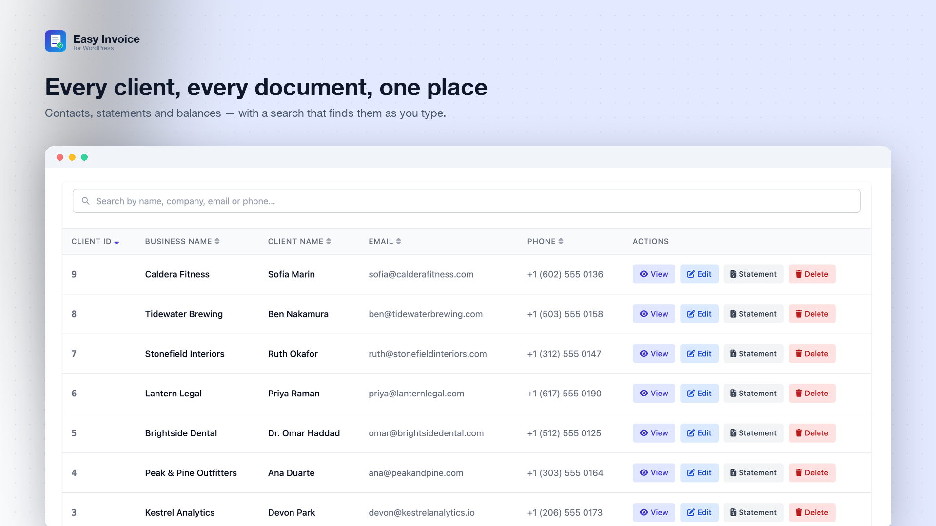 Clients — records with business name, contact details, statements and balances