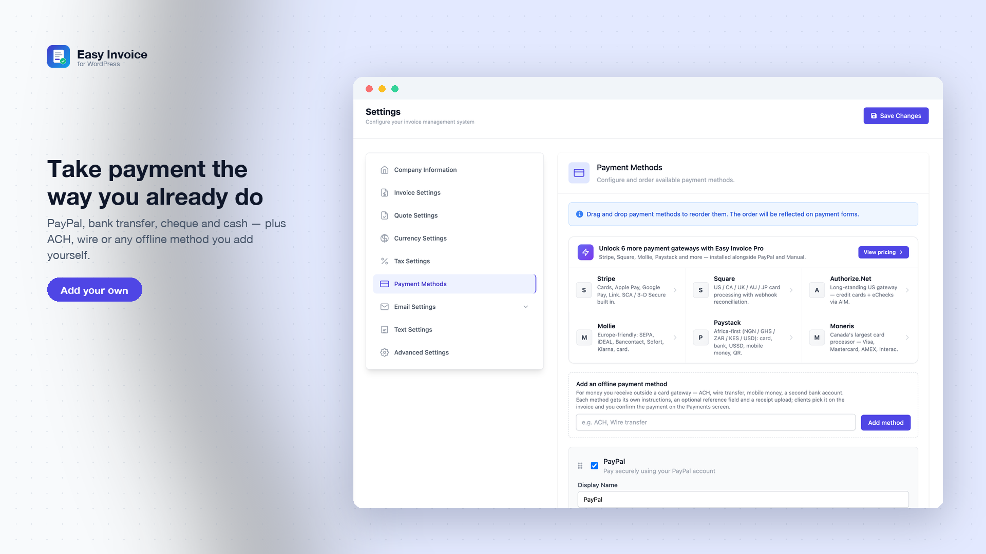 Settings → Payment Methods — PayPal, bank transfer, cheque, cash, and offline methods you add yourself (ACH, wire transfer), each with its own instructions and receipt setting