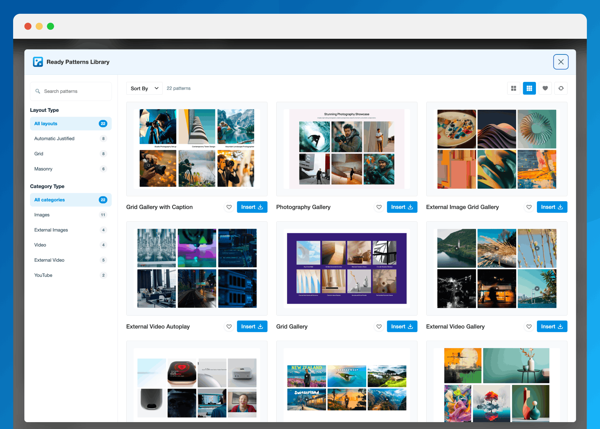 Ready-made gallery patterns, insert in one click