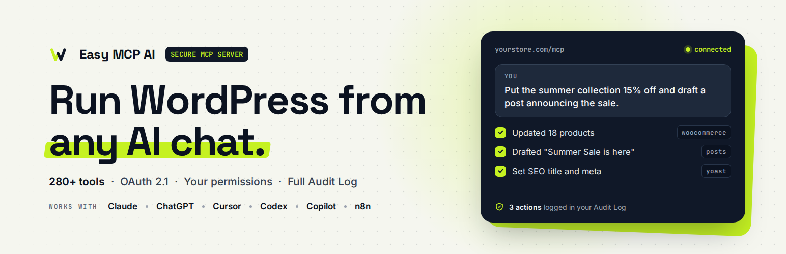 WordPress 外掛 Easy MCP AI – Connect Claude to WordPress: MCP Server for ChatGPT & AI Agents 的封面圖片