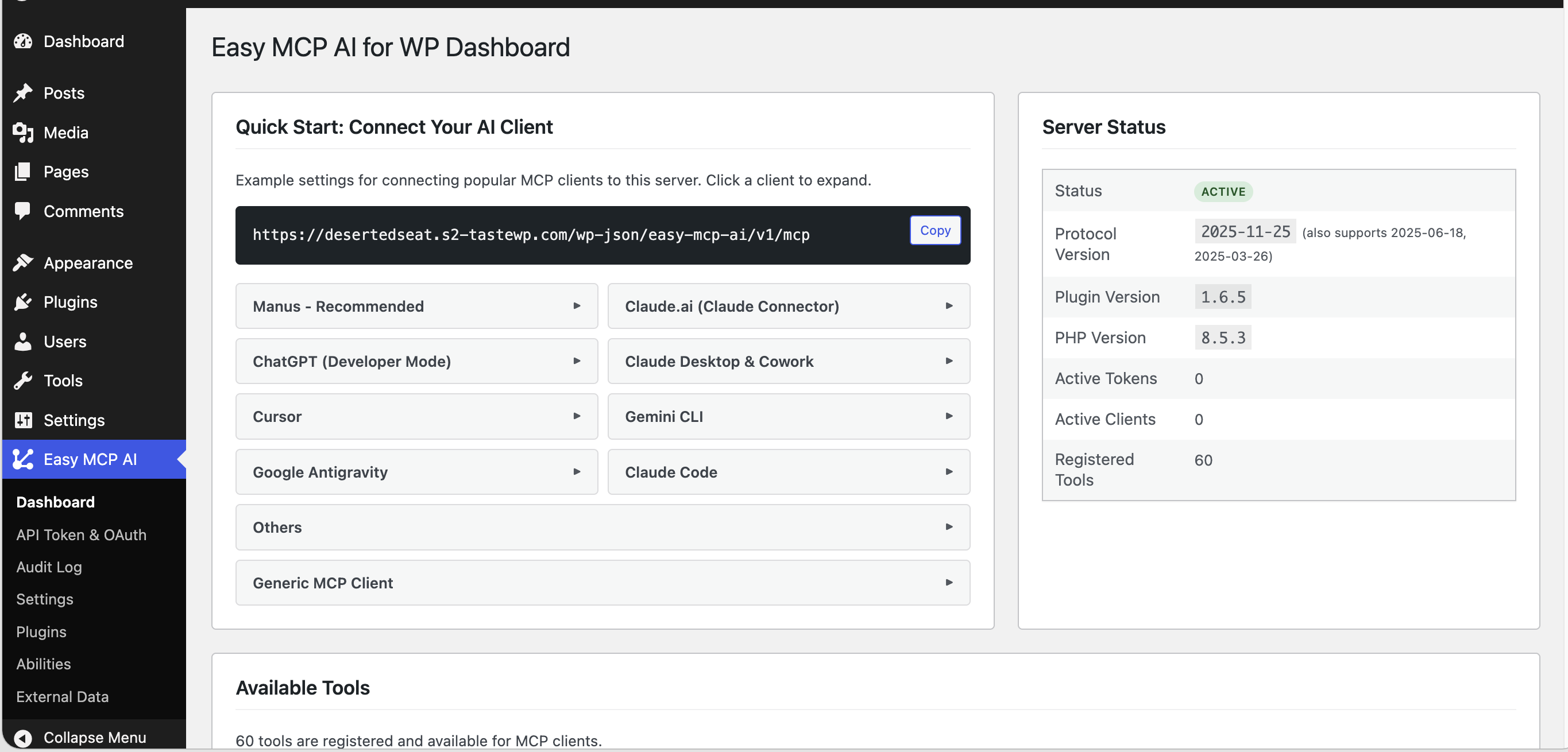 Dashboard — your MCP endpoint URL and quick-start configs for every major AI client