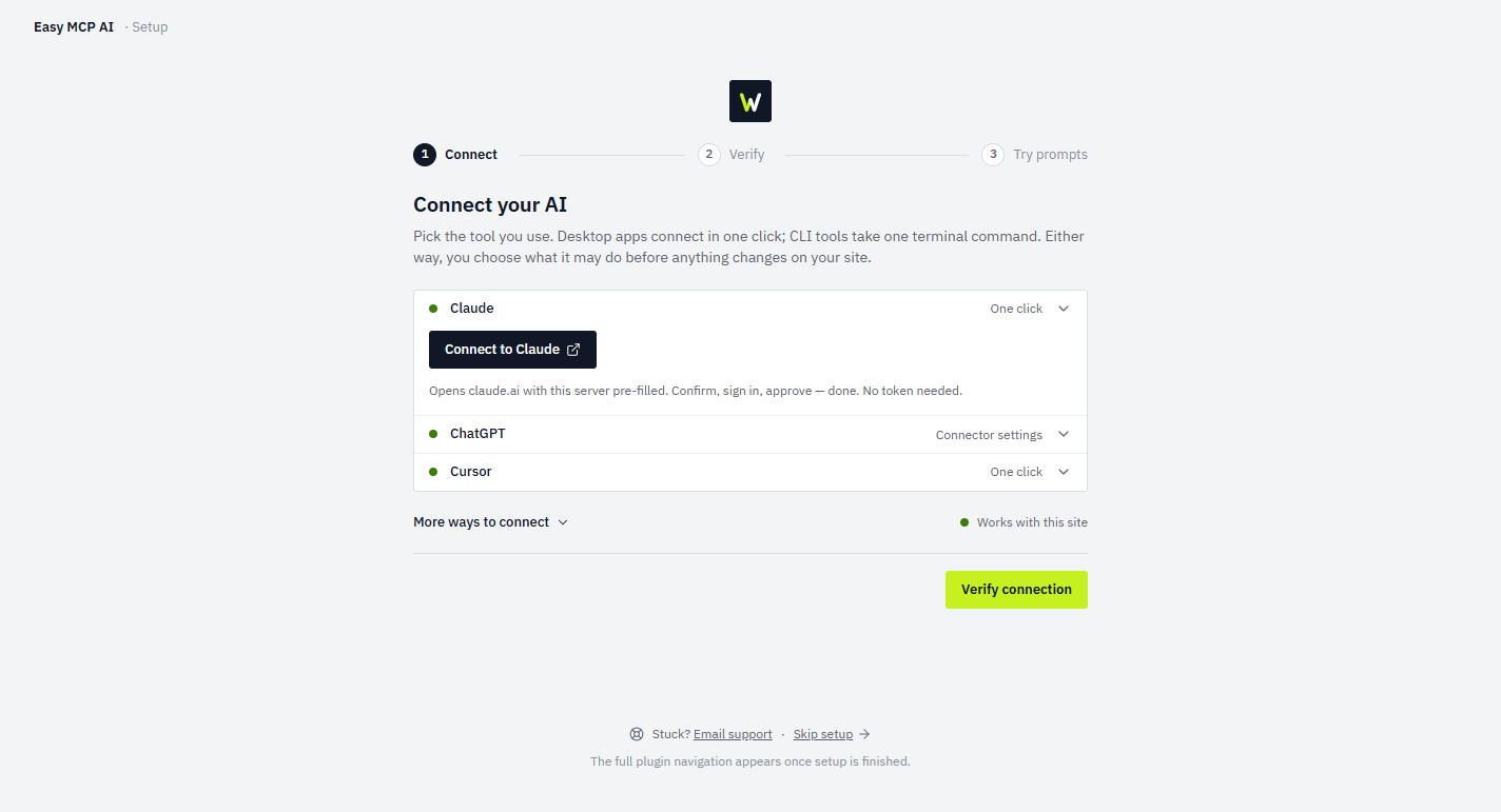 Guided setup: choose your AI client (Claude, ChatGPT, Cursor and more) and connect in three steps