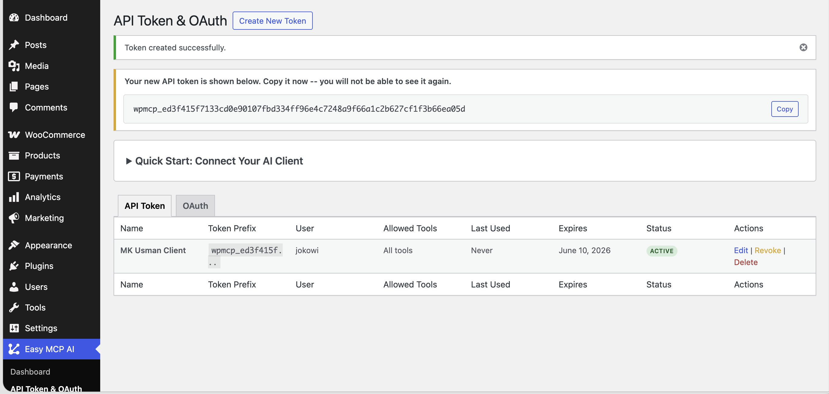 API Tokens & OAuth — token list with one-time token display and quick-connect guide