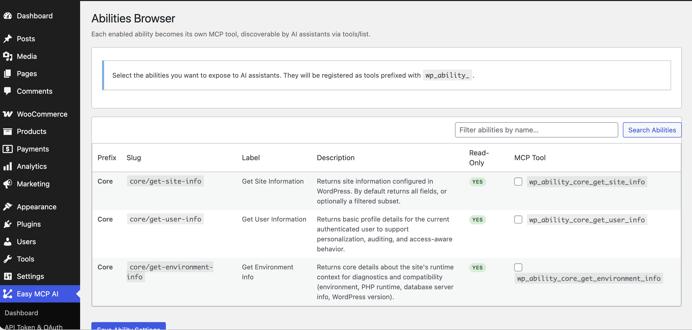 Abilities Browser — expose WordPress 6.9+ abilities as MCP tools with a single click