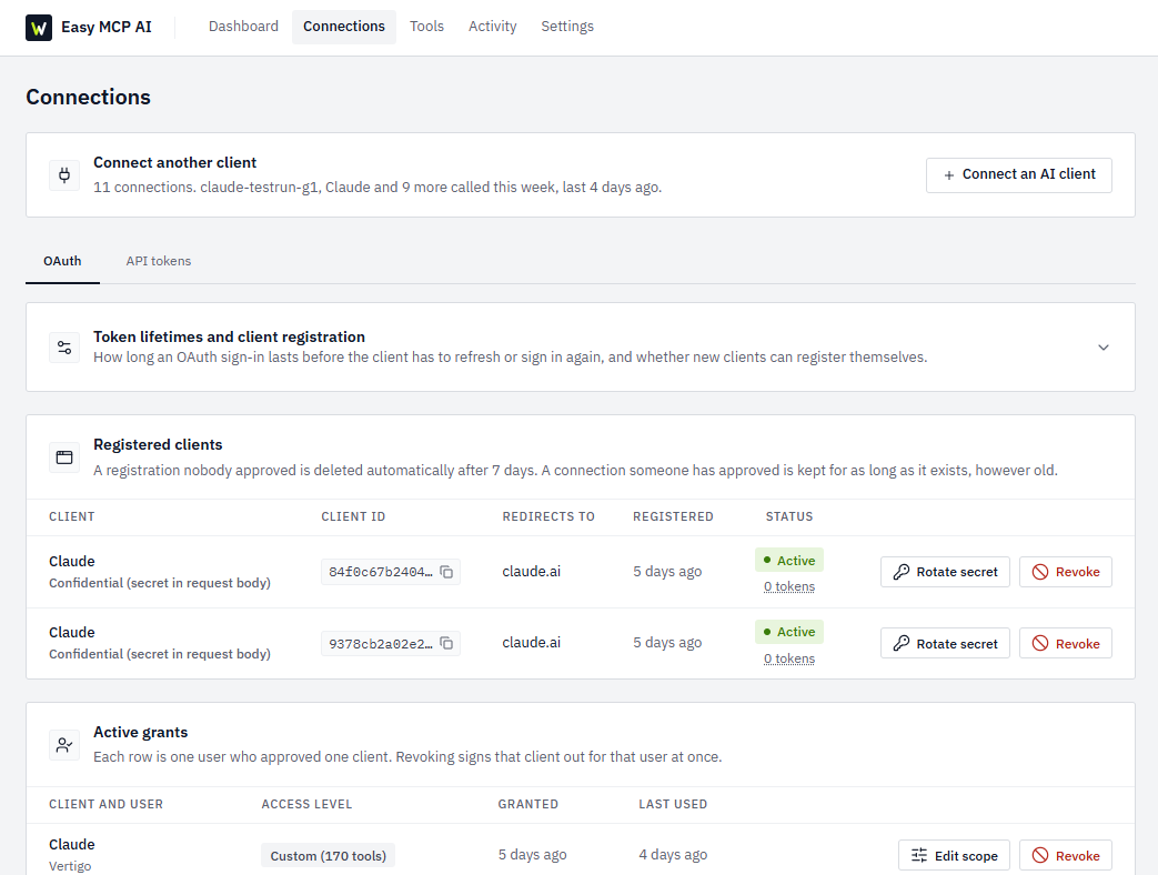 Connections: approve AI clients over OAuth or create API tokens