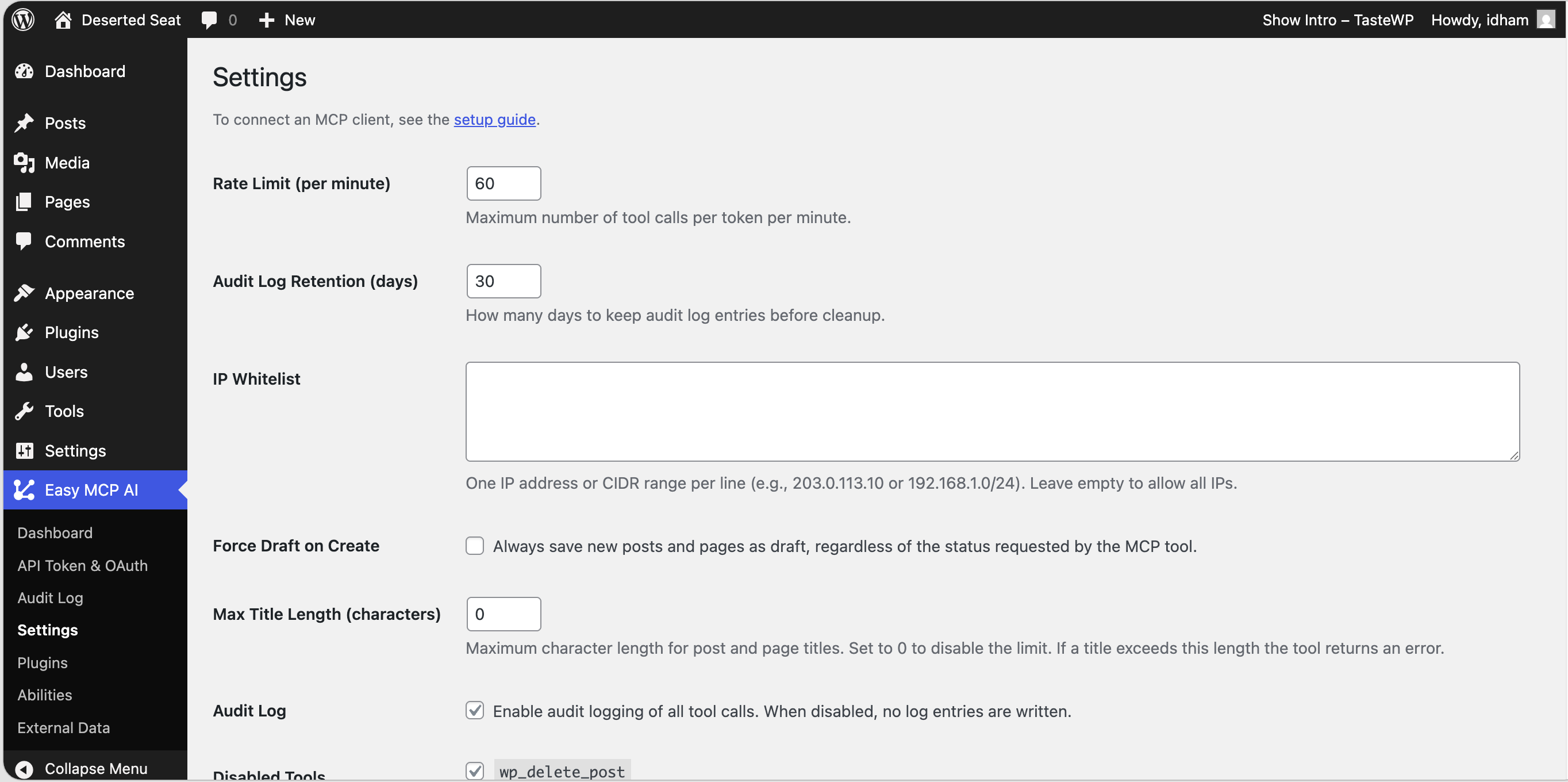Settings — rate limits, IP whitelist, force draft, audit retention, and disabled tools