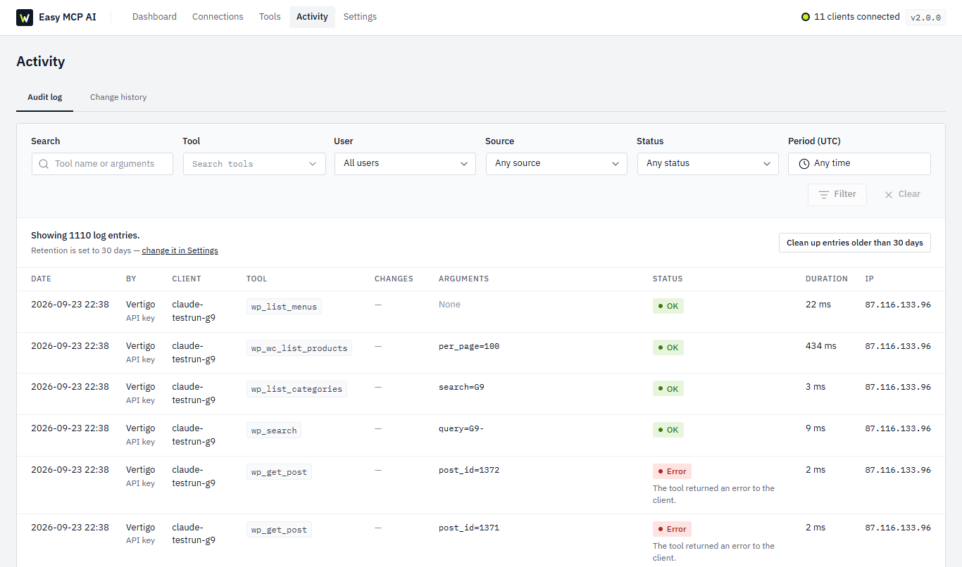Audit log: every tool call an AI makes, with the user, client, tool, arguments, result and duration
