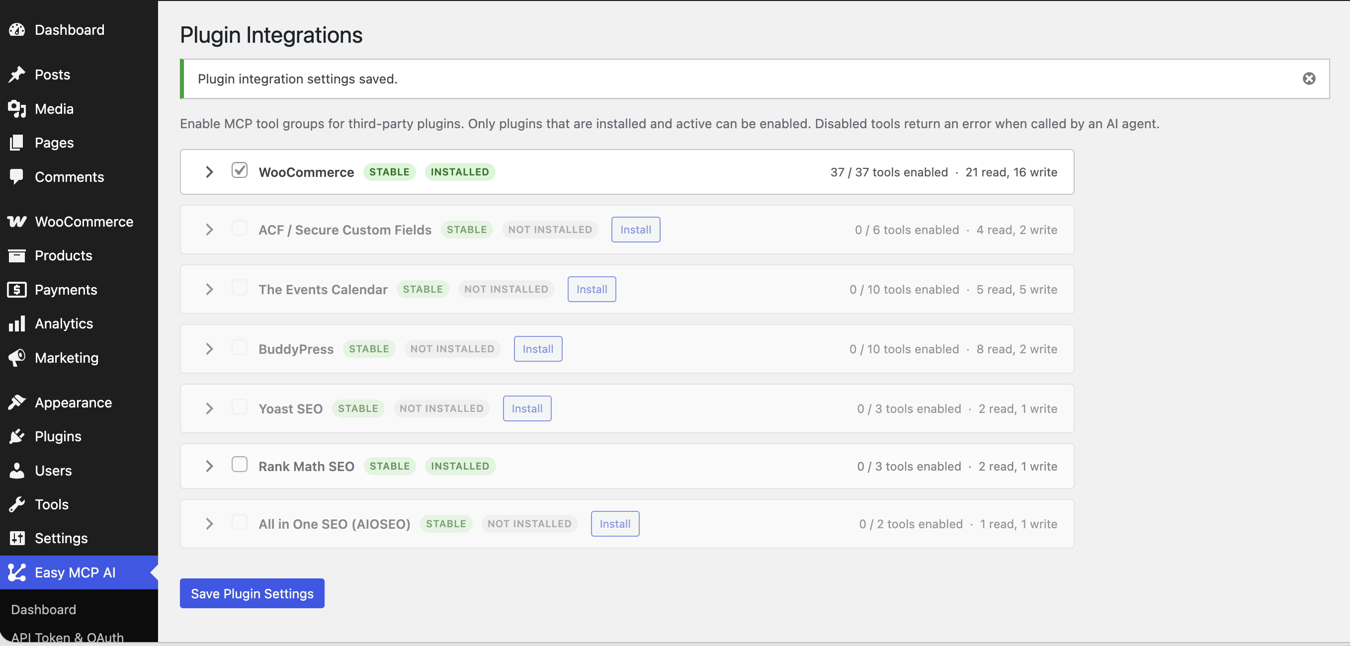 Plugin Integrations — enable MCP tool groups for WooCommerce, ACF, Yoast, Rank Math, and more