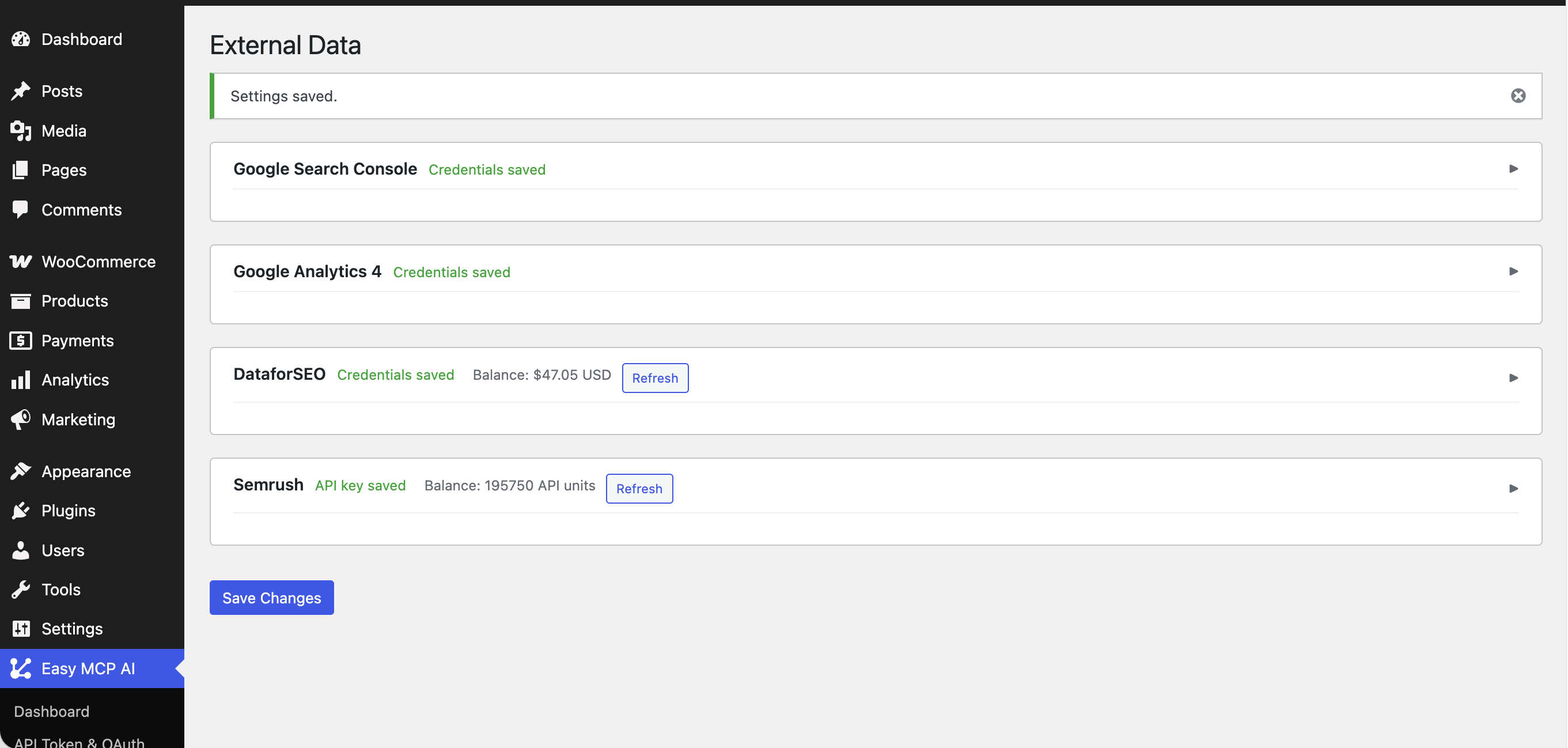 External Data — connect Google Search Console, Google Analytics 4, Semrush, and DataForSEO with encrypted credentials