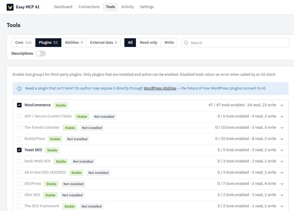 Plugin integrations: ready-made tools for WooCommerce, ACF, The Events Calendar, Yoast, Rank Math and more