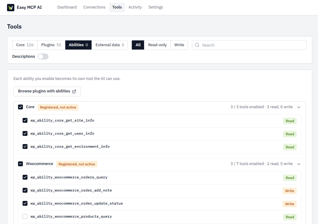 Abilities: plugins that register WordPress 6.9+ Abilities appear here, and each ability you enable becomes its own AI tool
