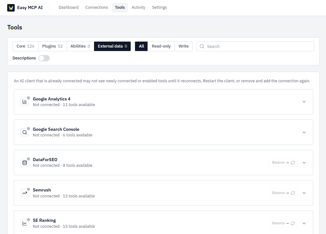 External data: connect Google Analytics 4, Search Console, Semrush, Ahrefs, and more