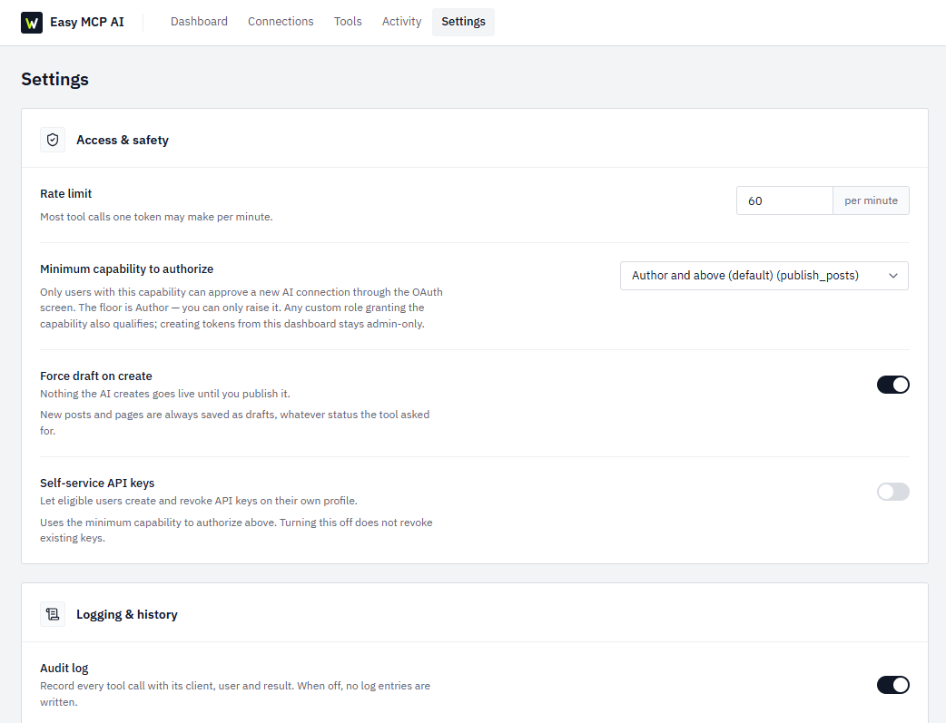 Access and safety: a per-minute rate limit, Force Draft on Create, and self-service API keys for your users