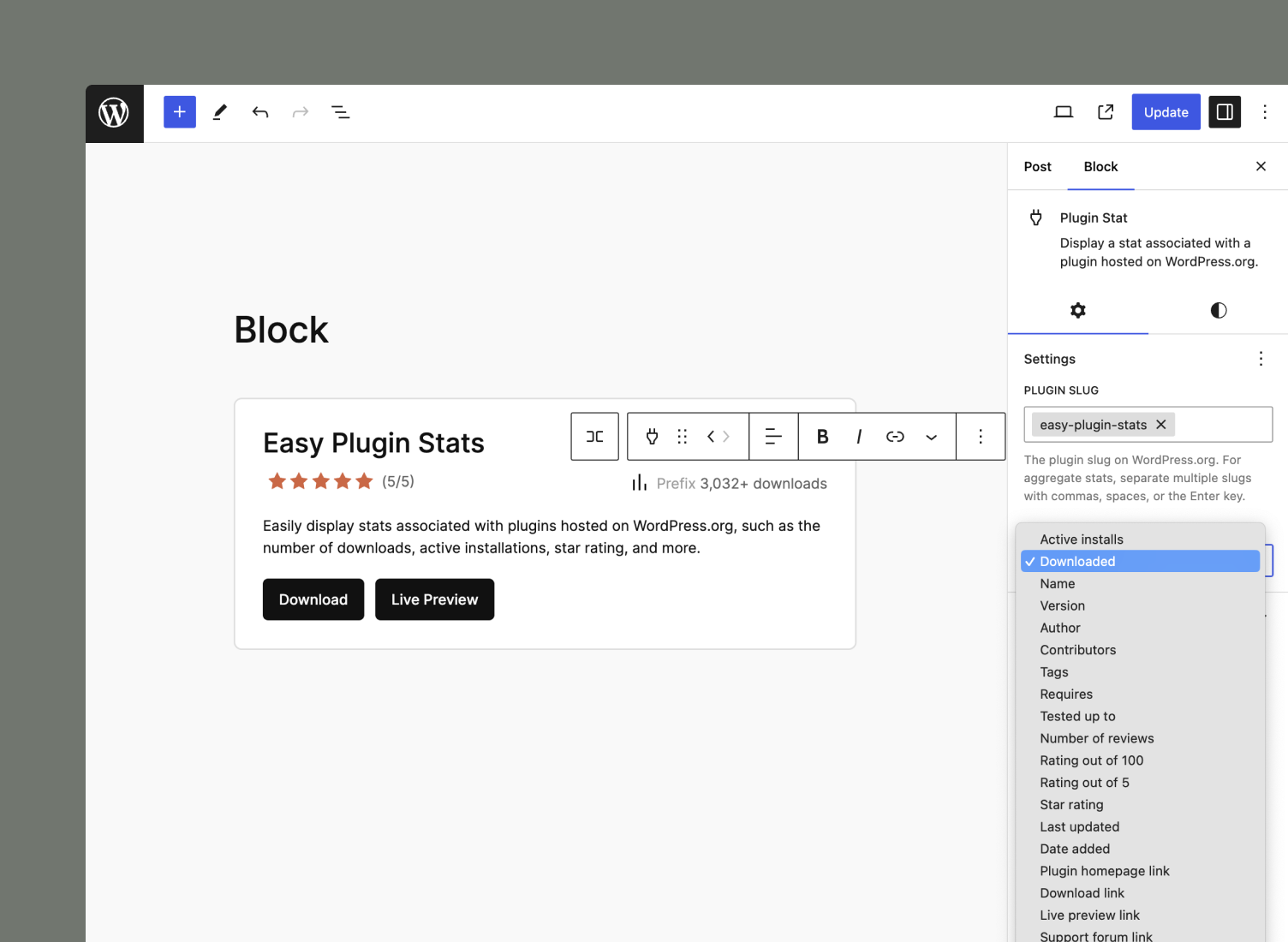 A screenshot of the Plugin Stat block in Editor, which displays the total downloads for the Easy Plugin Stats plugin.