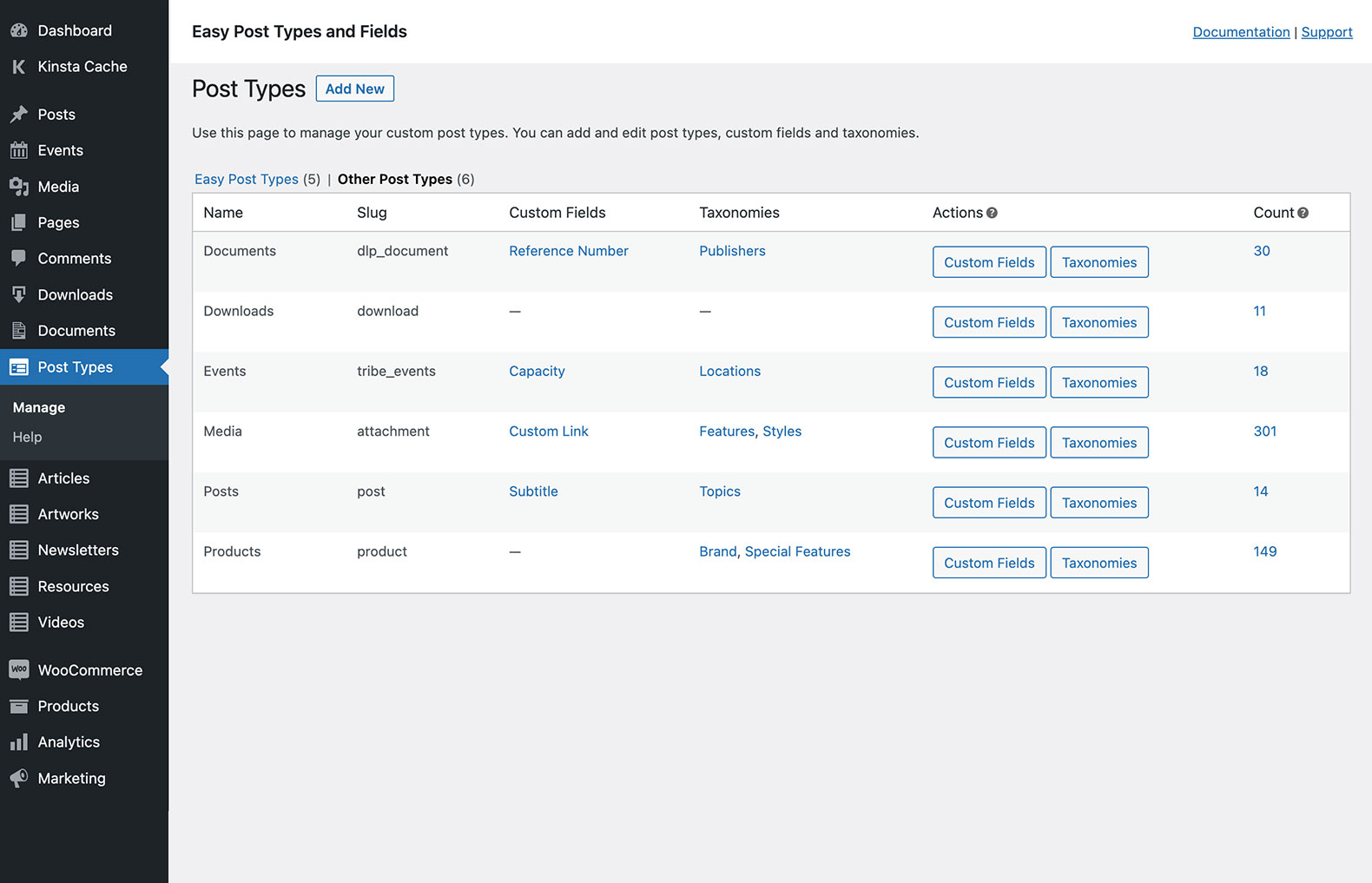 You can also add fields and taxonomies to post types created with other plugins (e.g. products or events).