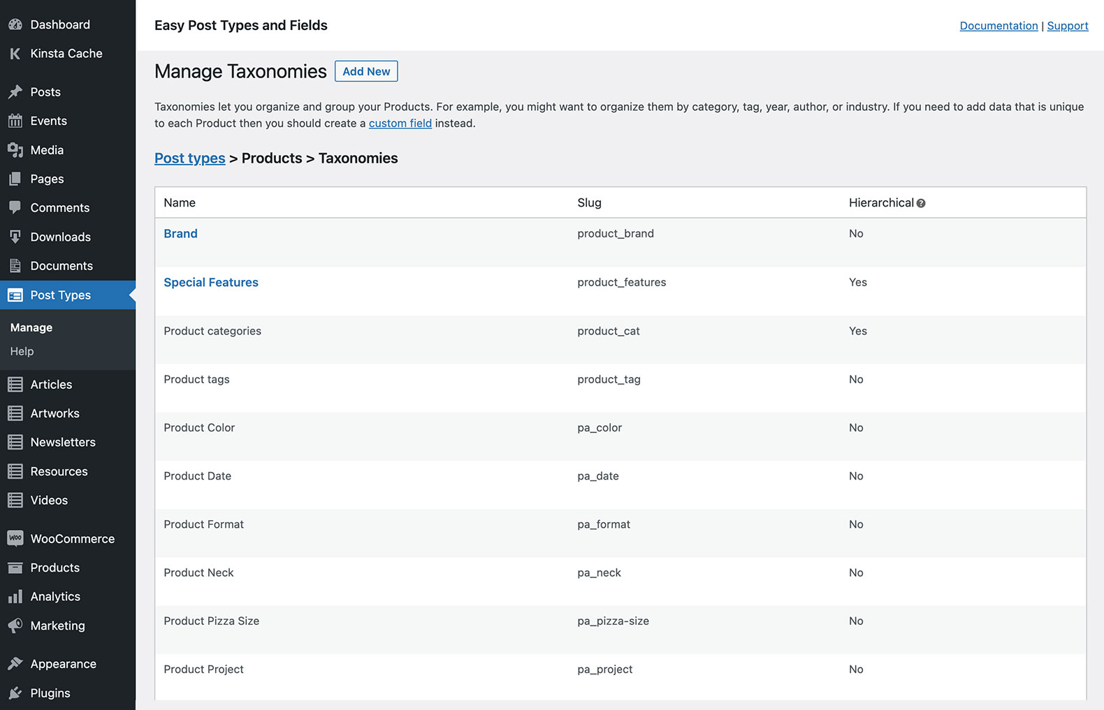 Extend any post type with custom fields and taxonomies, including WooCommerce products.