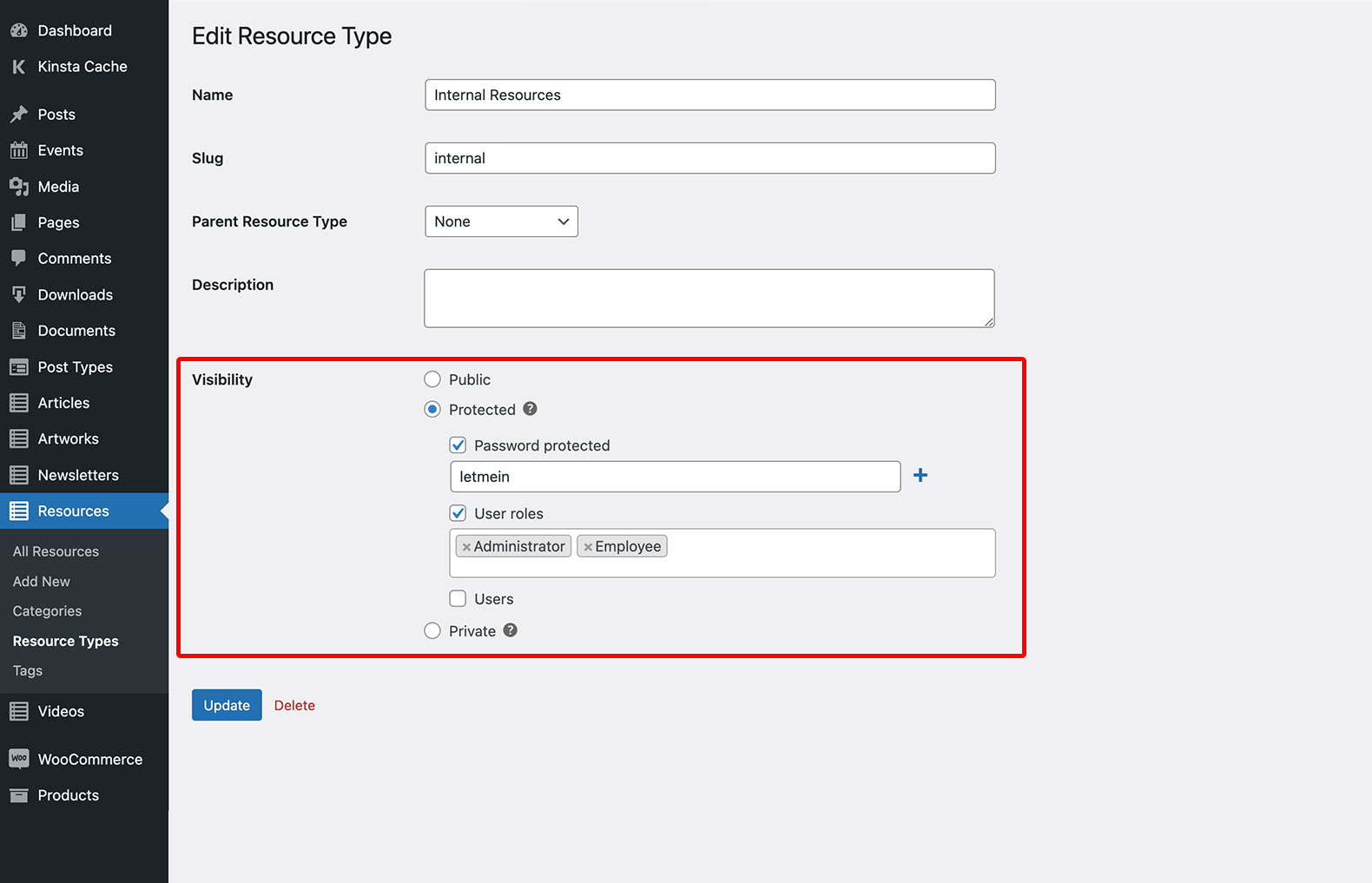 Recommended: Restrict access to your custom posts with the Password Protected Categories plugin.