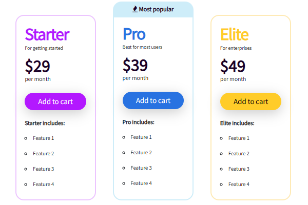 Premium pricing table layout with inline images