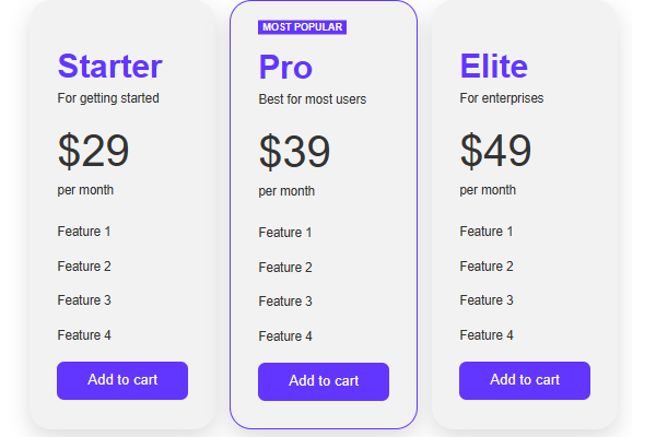 Another example of a published pricing table
