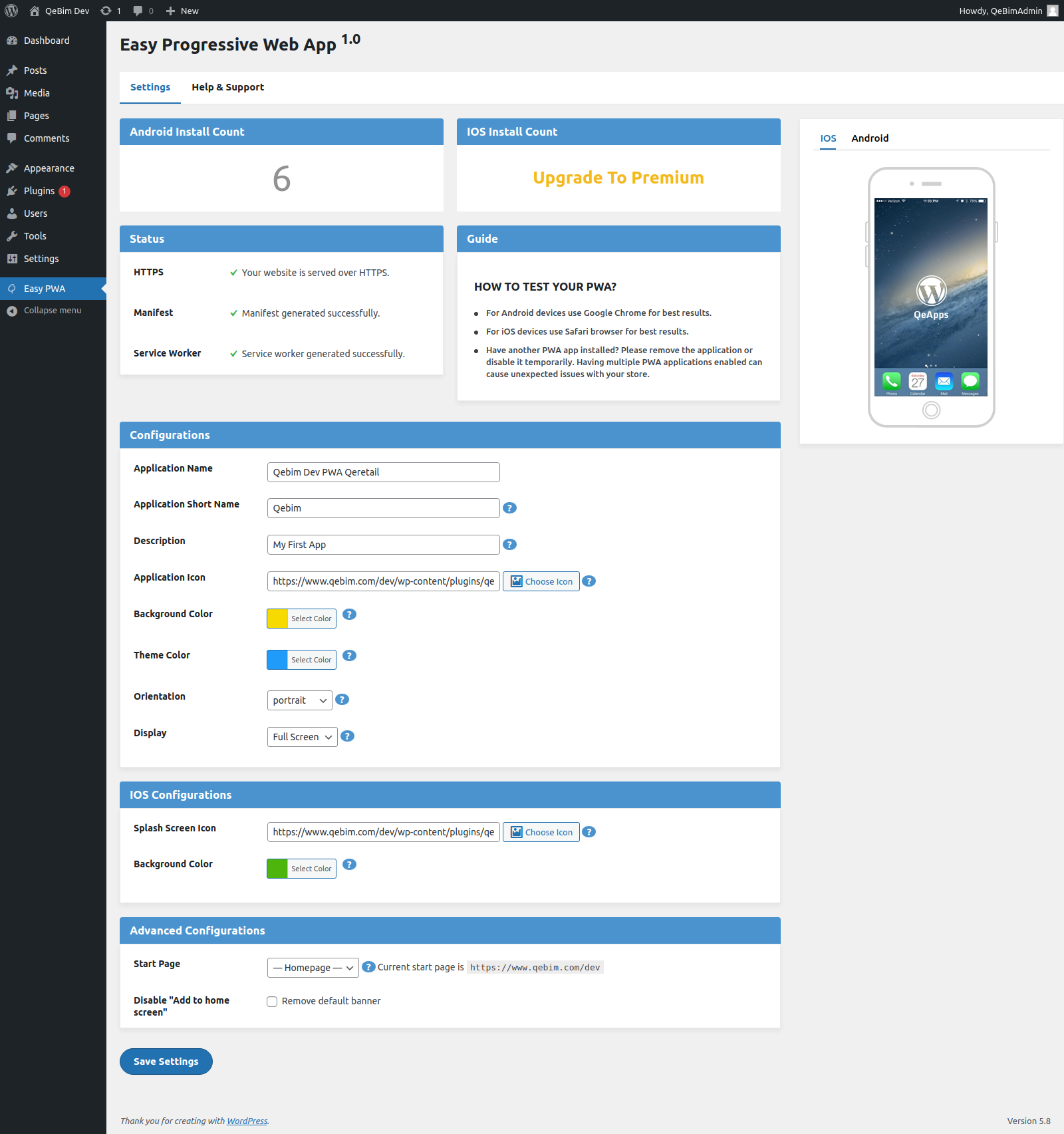Settings page in WordPress Admin > Easy PWA