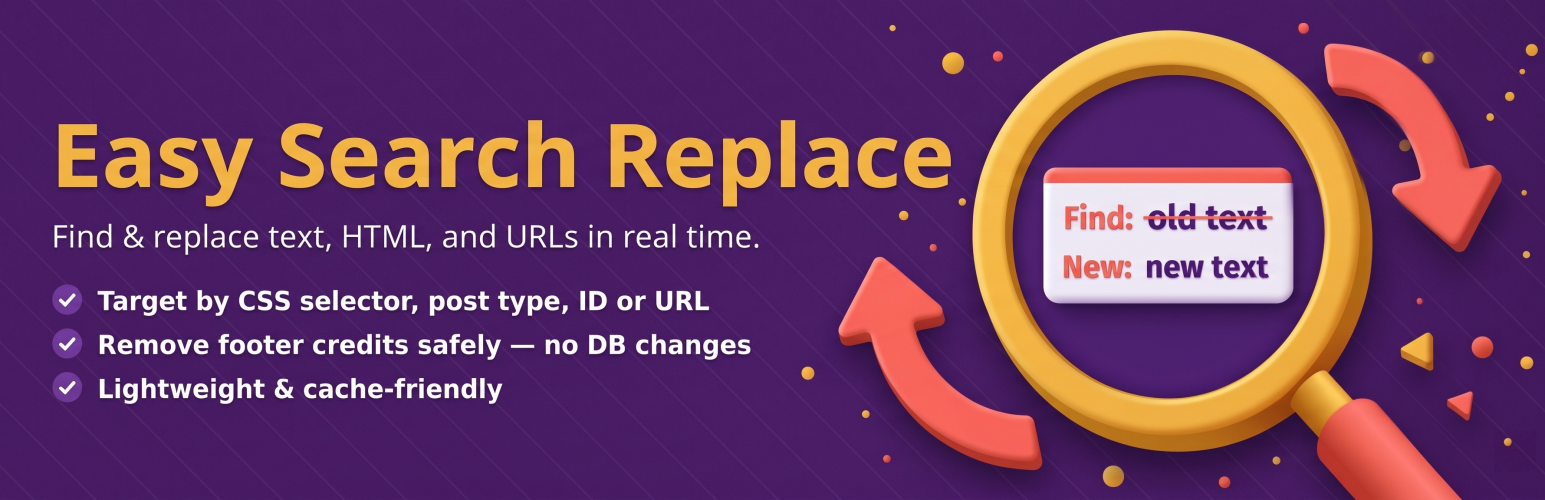 WordPress 外掛 Easy Search Replace – Find & Replace Text/HTML/URLs, Remove Footer Credit 的封面圖片
