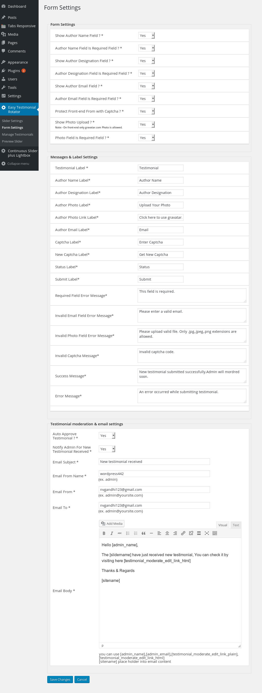 Testimonial Form Settings