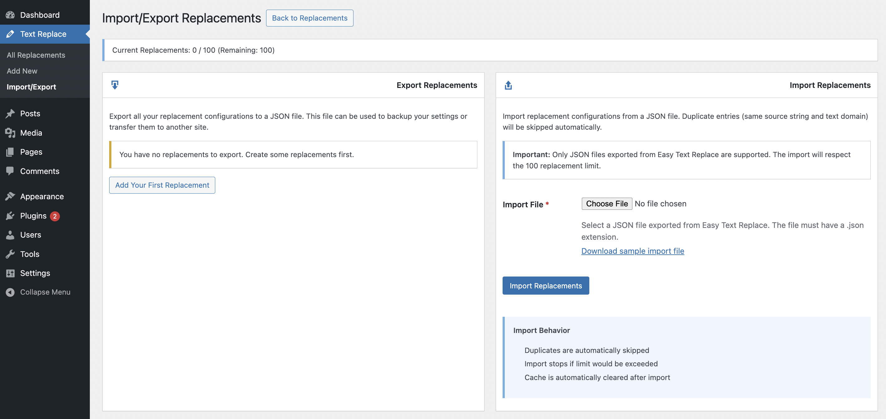 Import/Export - Backup and transfer your replacement configurations between sites
