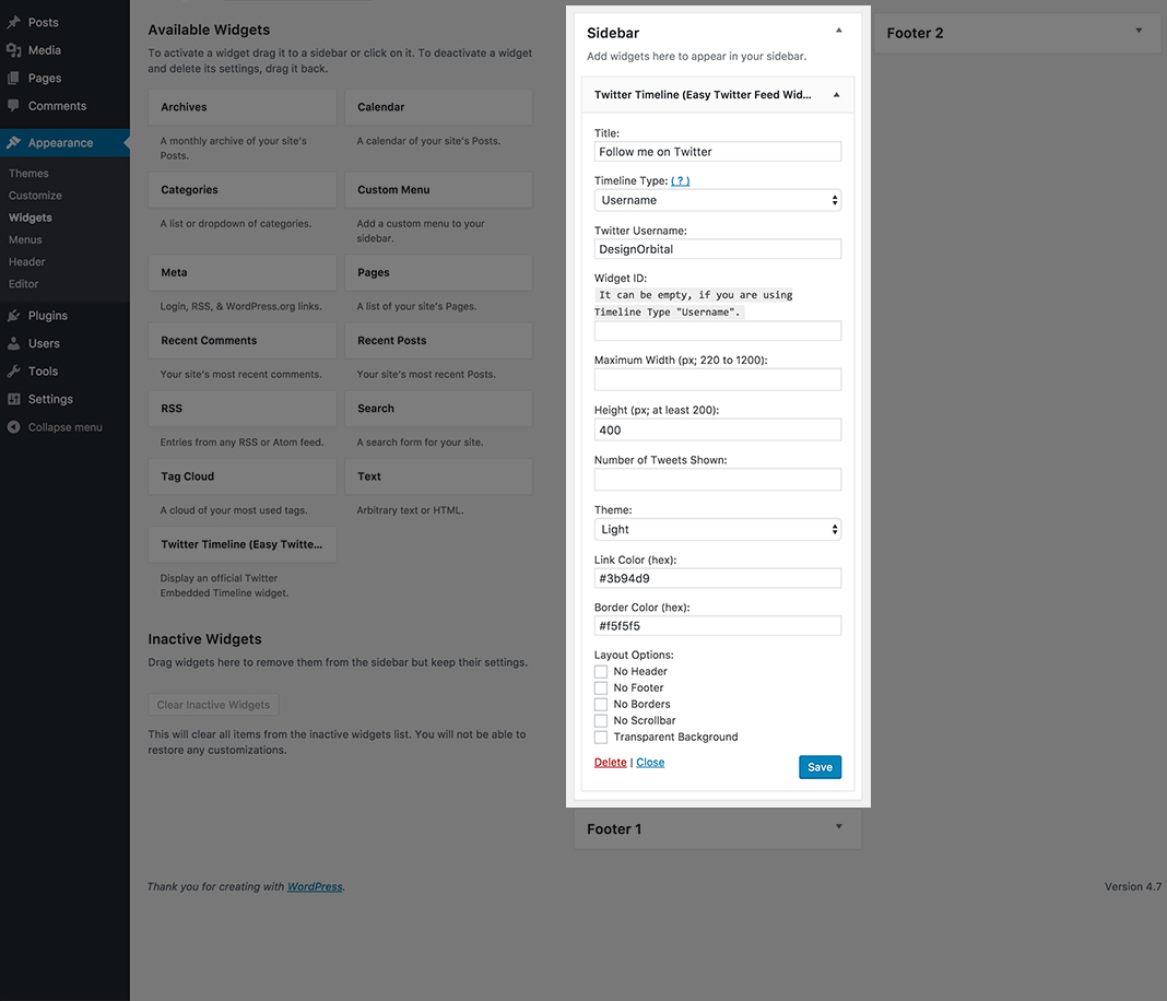 Easy Twitter Feed Widget Backend Example: You can cusomize your twitter widget to blend with any WordPress theme by adjusting an easy to use available options like Twitter Tweet limit, border color, link color etc.