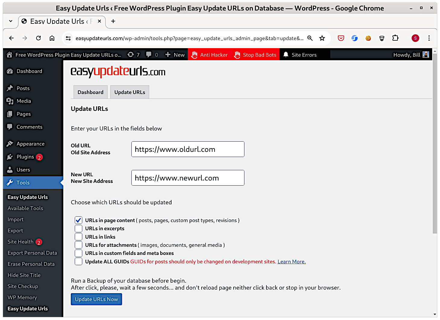 Easy-Update-Urls: Change Site URL and Search and Replace Content in Database