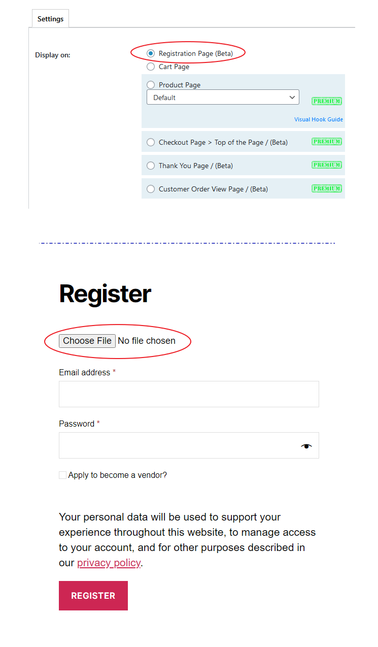 Display browse button on registration page