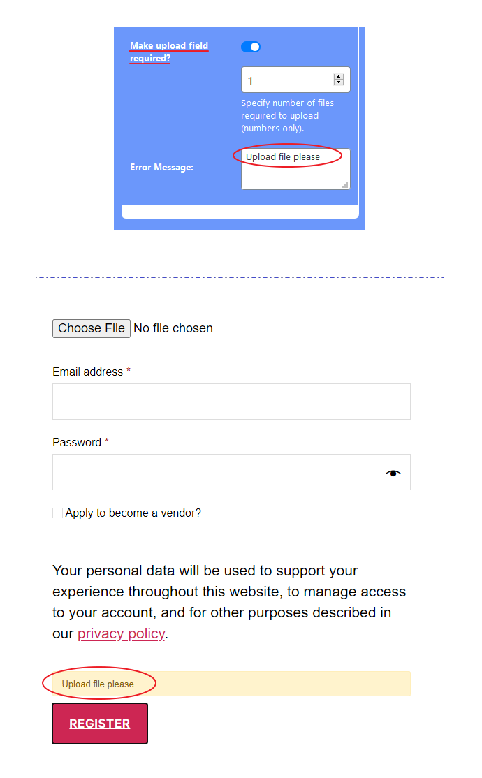 A warning will appear if upload field is required and file is not uploaded