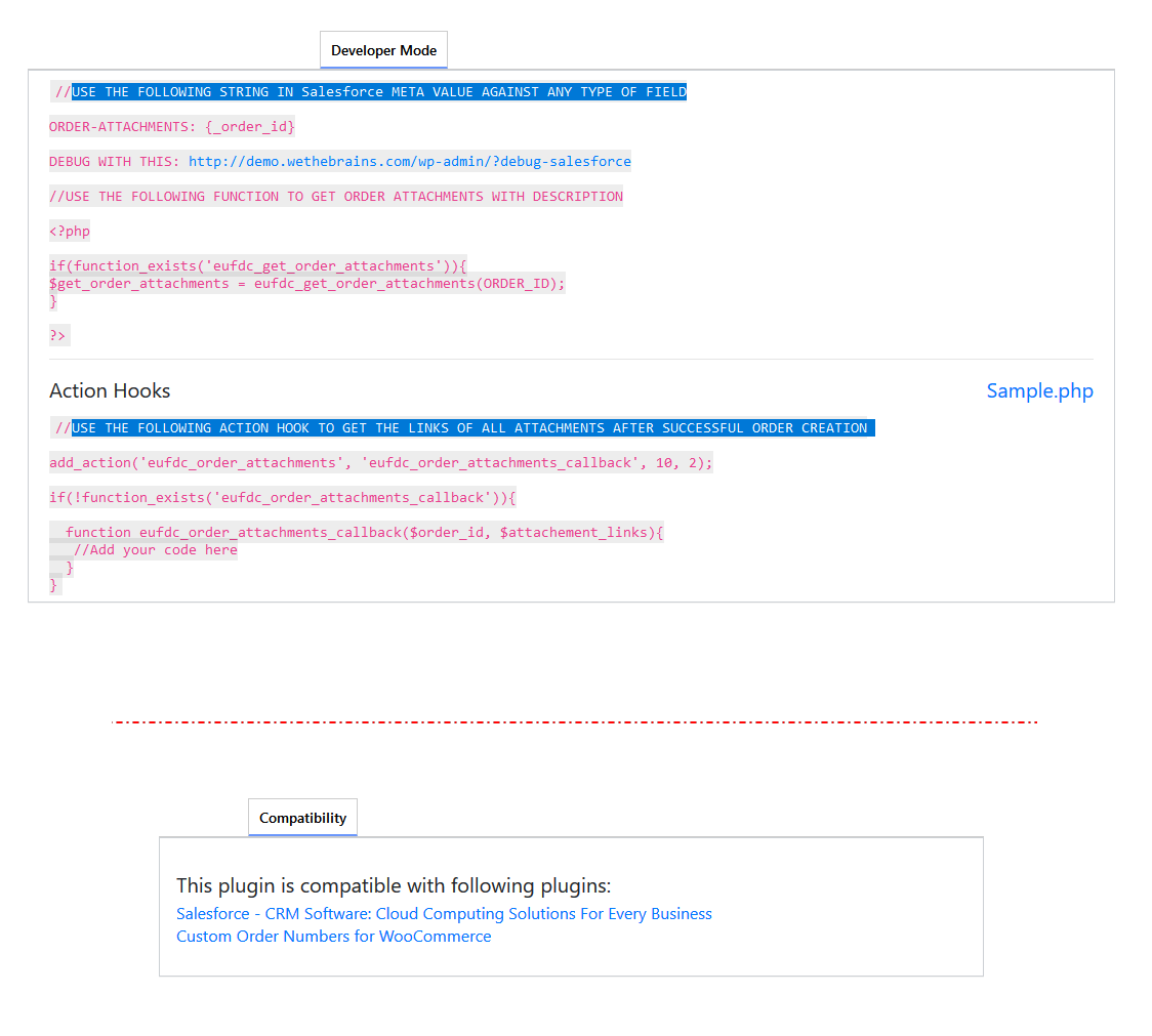 Salesforce compatibility and action hooks to get link of attachments after placing the order.