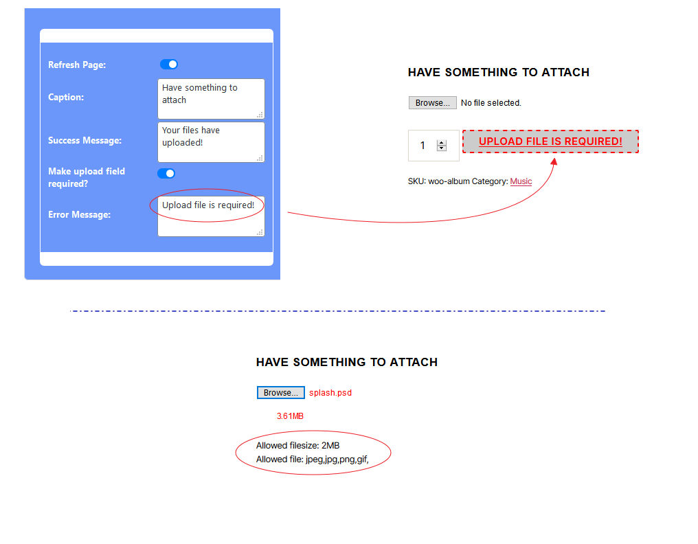 Wrong filetype and size will turn the selected file red with appropriate warning message