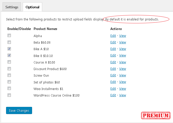 Optional settings to restrict upload fields display to a few selected products